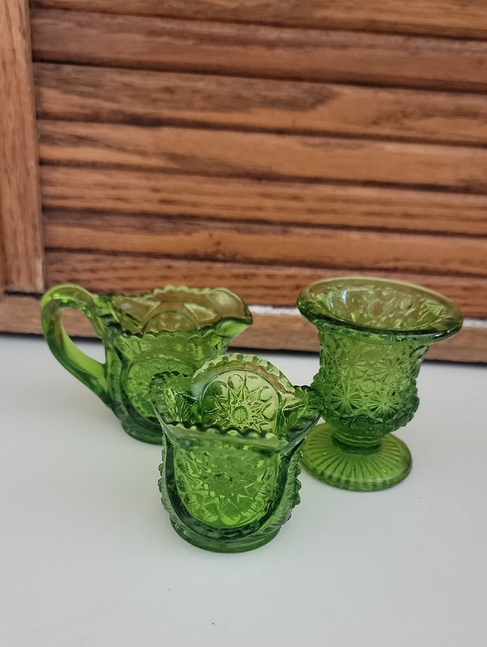 Vintage Green Pressed Glass Creamer, Sugar Footed Vase Set Miniatures